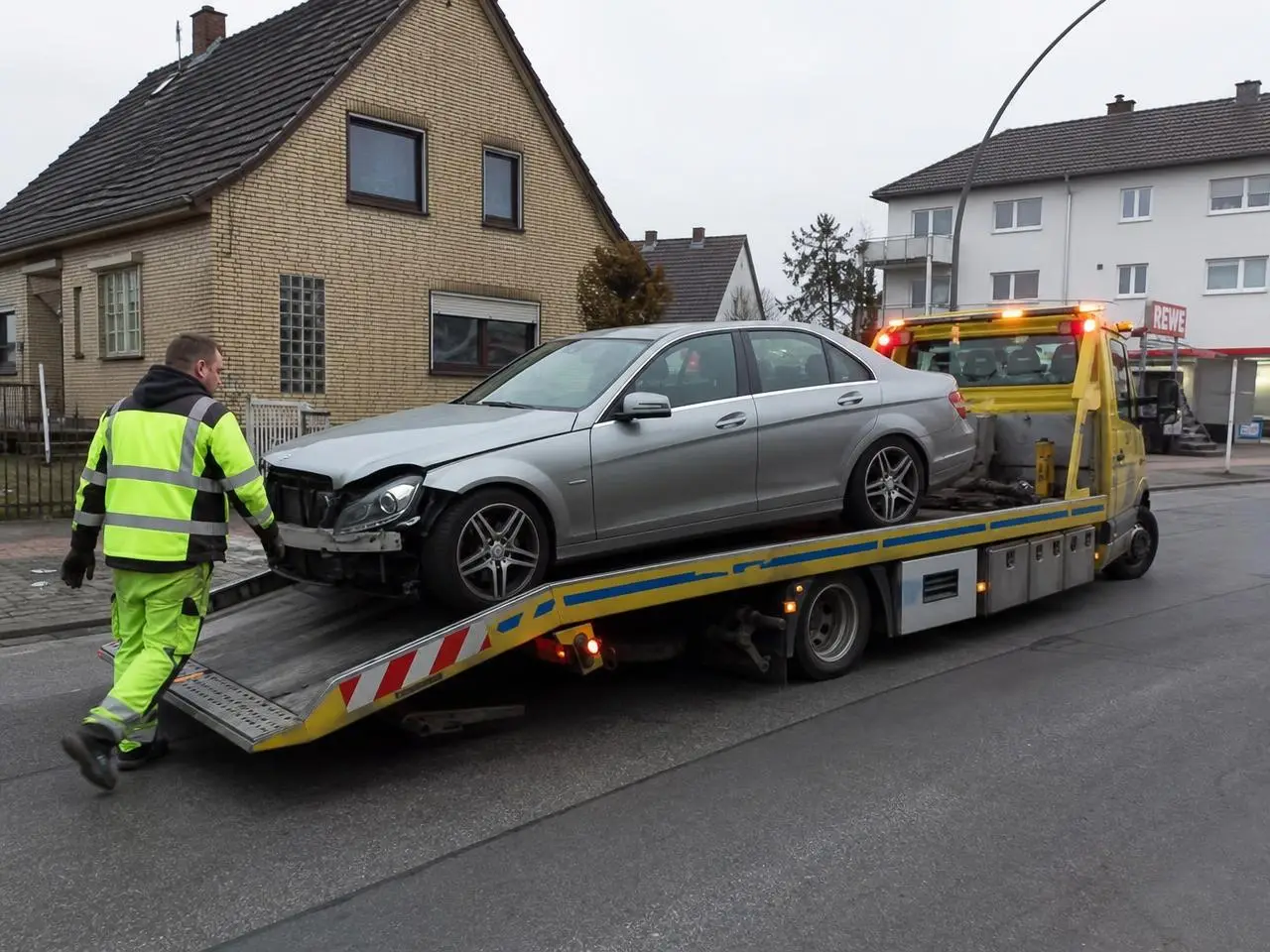 Kostenlose Fahrzeugabholung: Unfallwagen wird von AVD Bredhauer mit dem Abschleppwagen vor dem Haus verladen